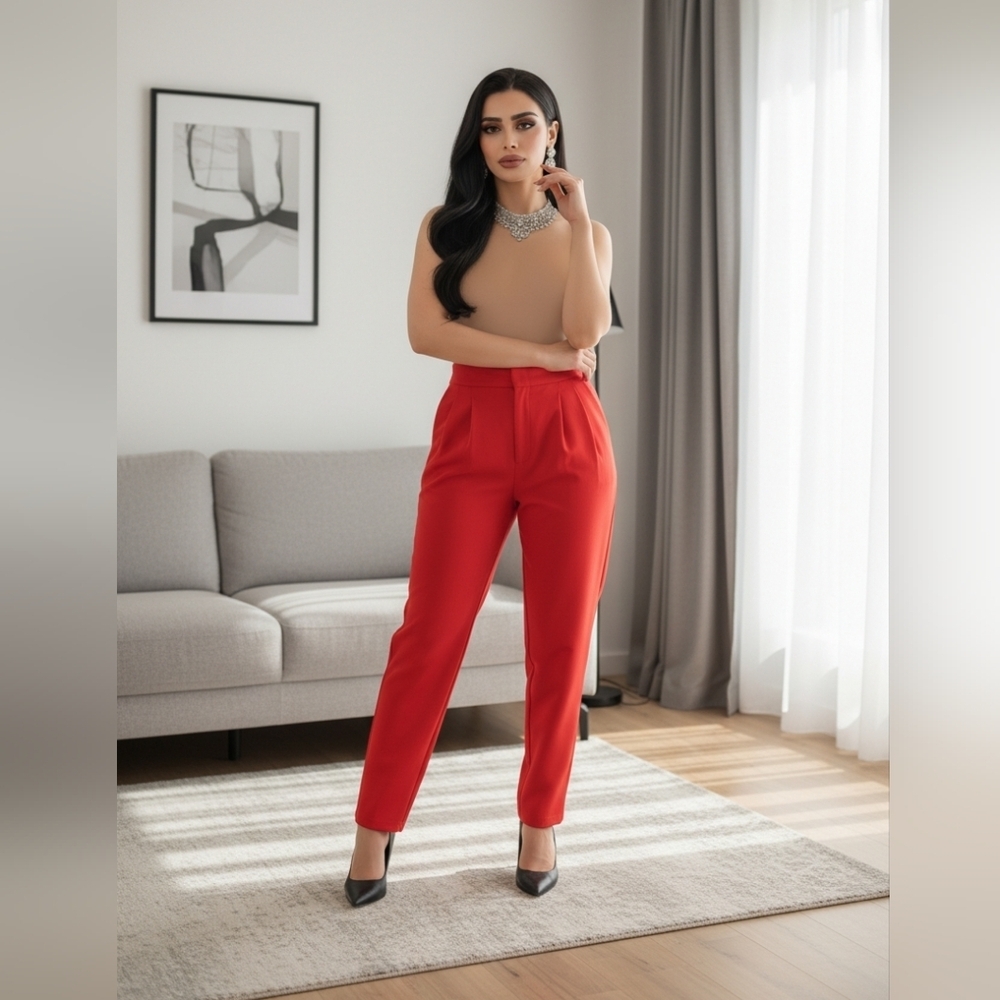 Josephine Chaus SZ 12 Red Silk Pleated Pants Barrel Leg Pockets Holiday Party